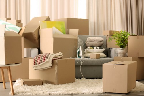 Packed business equipment and boxes ready for transport in East London