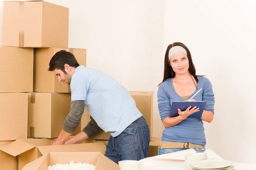 Prepared moving boxes in a Shoreditch apartment before collection